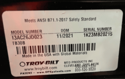 The model and serial number is located on a model plate label on the bottom of the seat pan